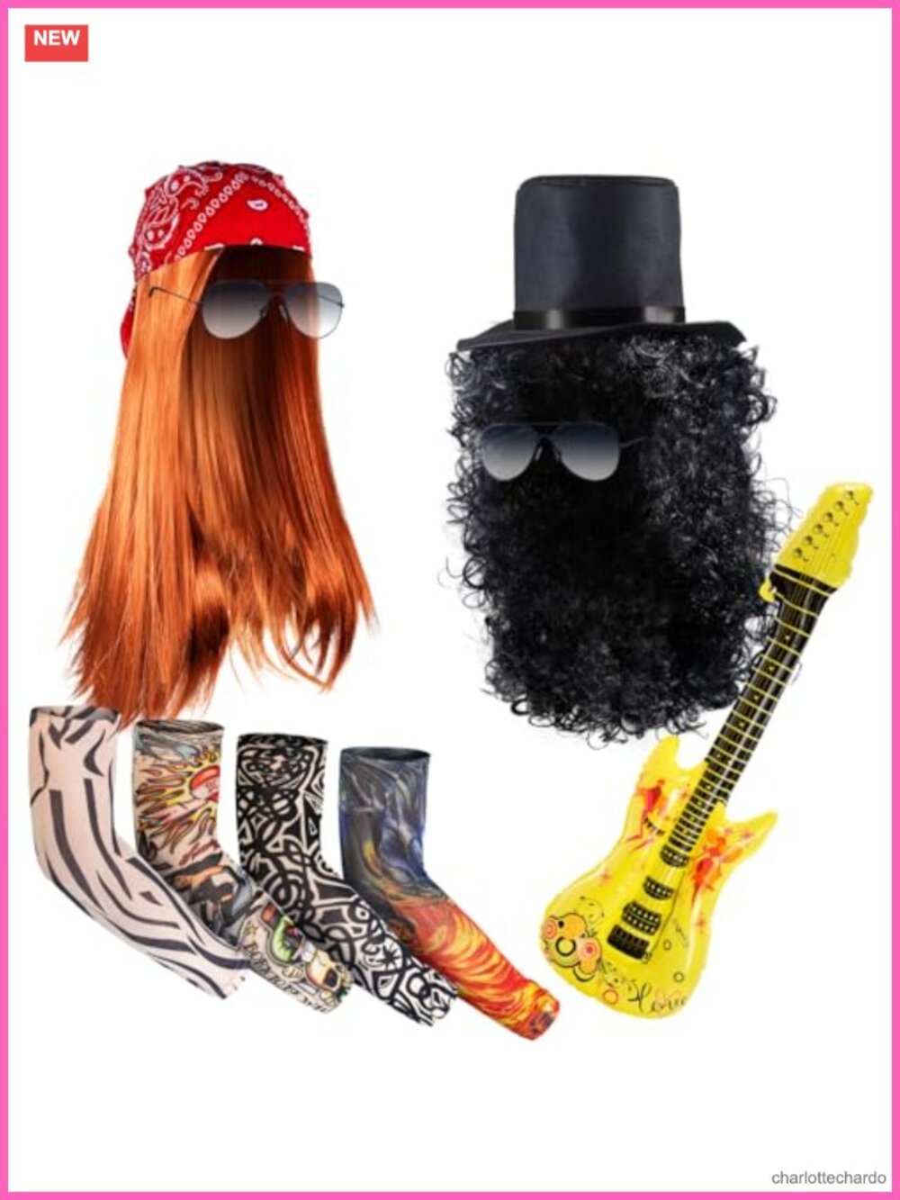 9 Pc Halloween 80s Rocker Costume Set Punk Wig Sunglasses Guitar